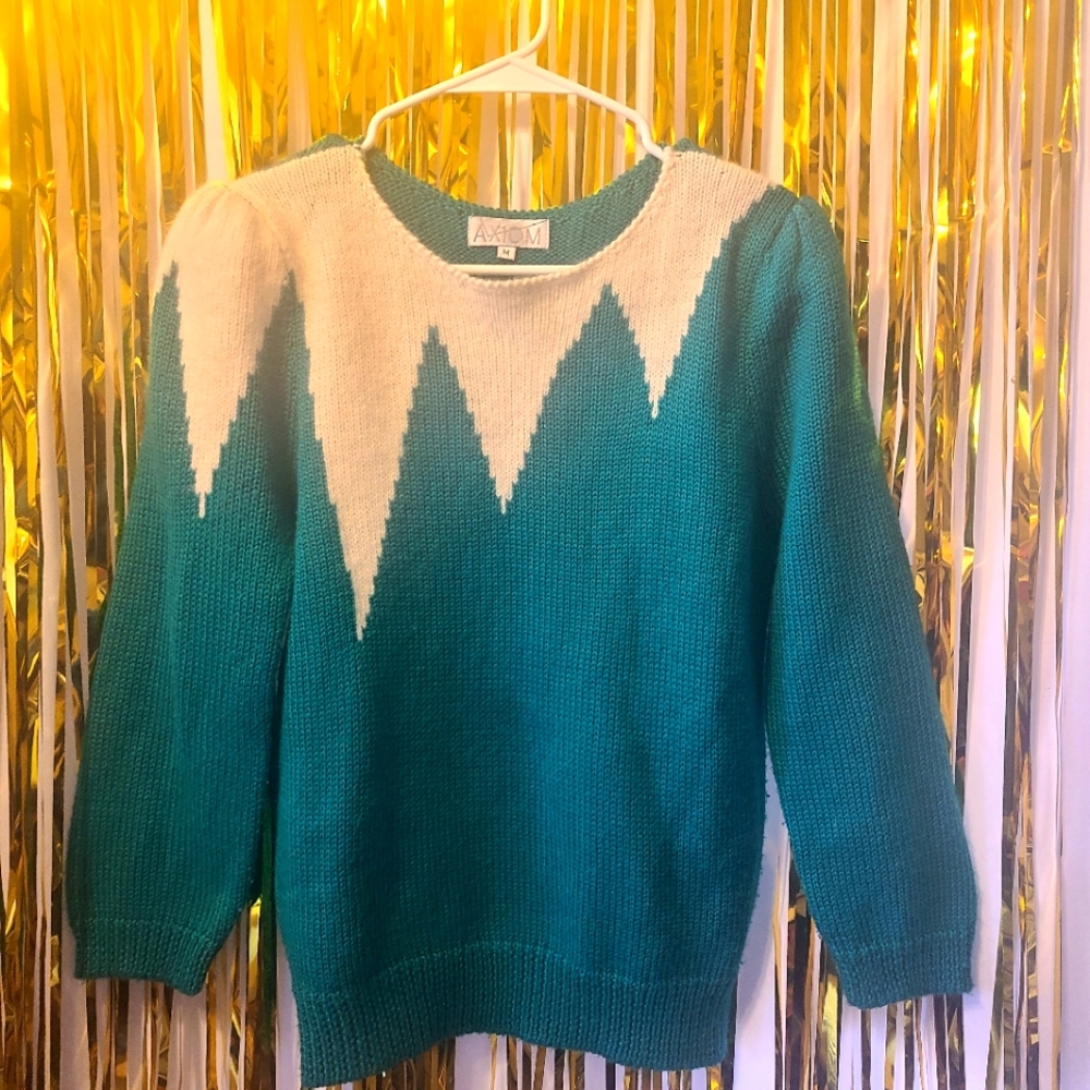 Knit Turquoise Green with white Angora shoulder design